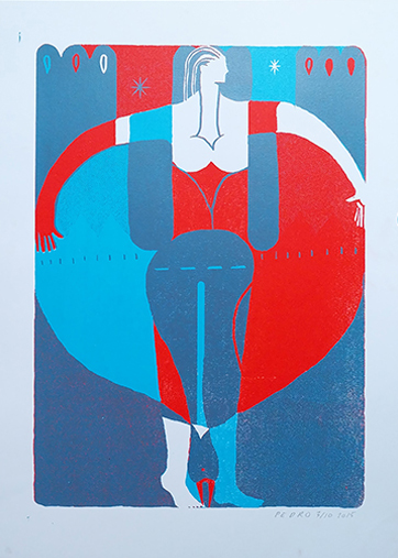 Sérigraphie de Pedro Richardo, une femme bleue et rouge