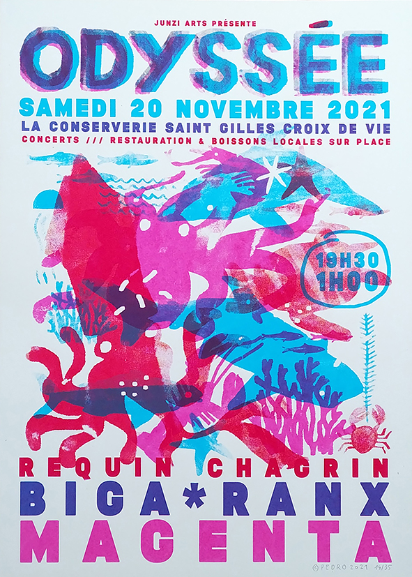 Sérigraphie de Pedro Richardo, affiche de l'Odysée, concert événement