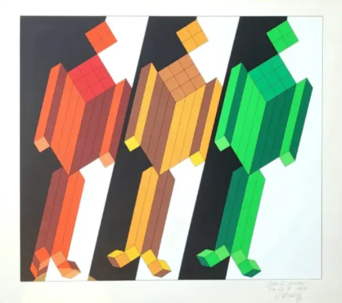 Personnages. Rare lithographie unique de Victor Vasarely